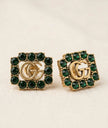 Antiqued Gold-Tone Double G & Deep Emerald Green Stud Earrings