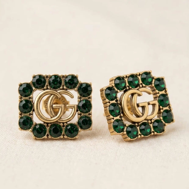 Antiqued Gold-Tone Double G & Deep Emerald Green Stud Earrings