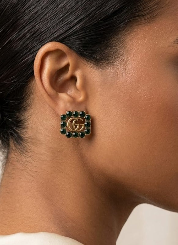 Antiqued Gold-Tone Double G & Deep Emerald Green Stud Earrings