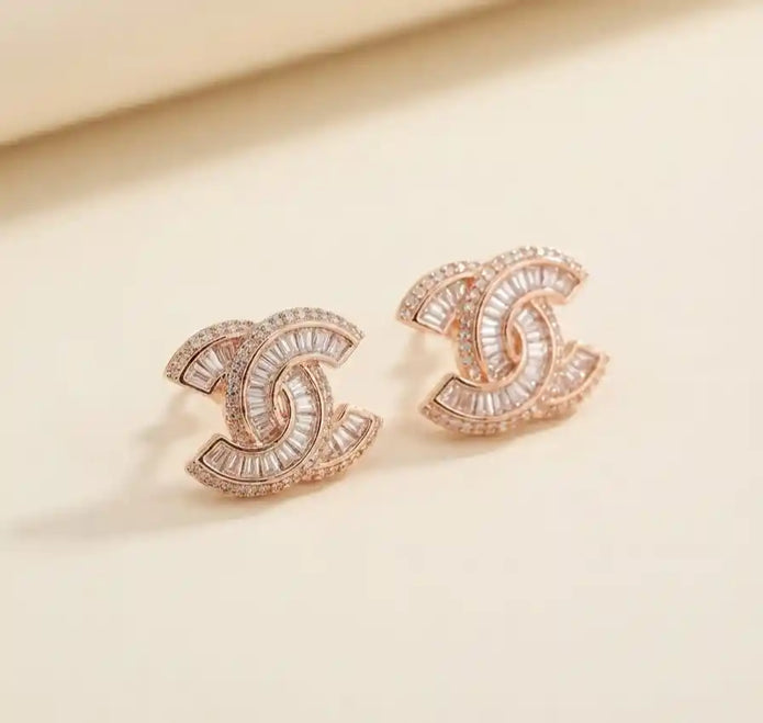 Rose Gold Plated Double C Baguette CZ Stud Earrings