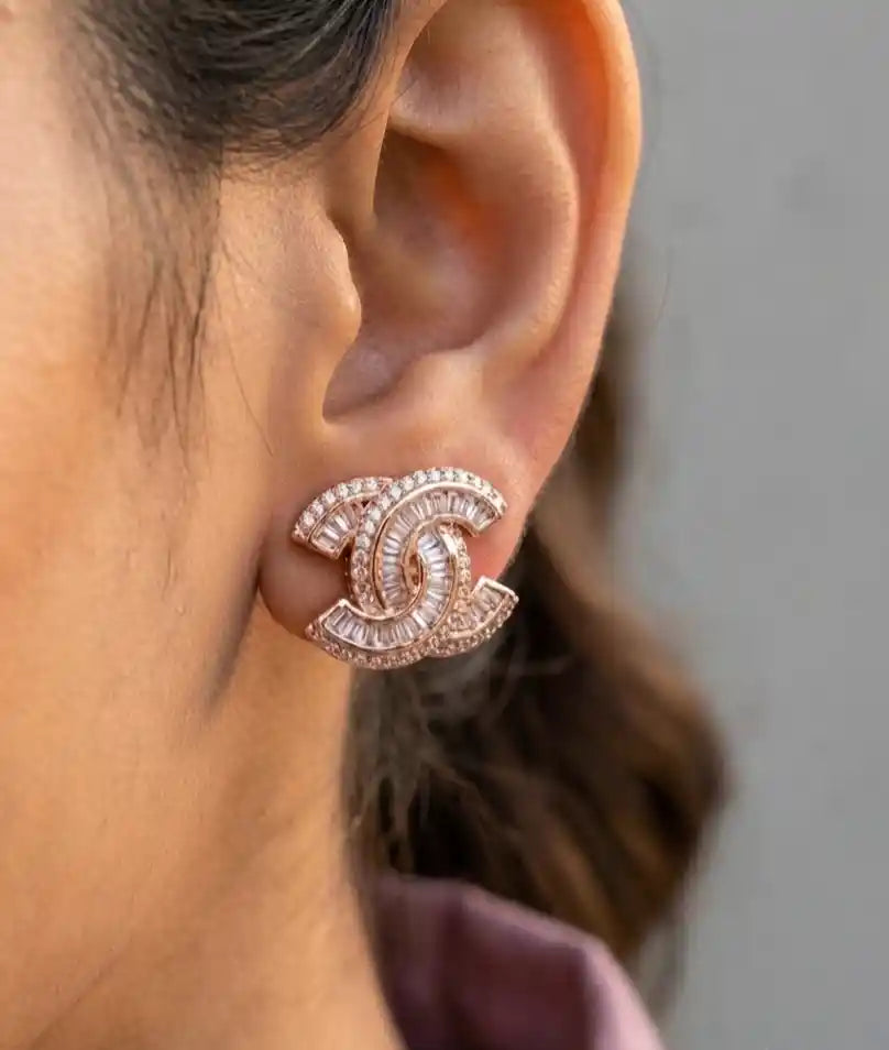 Rose Gold Plated Double C Baguette CZ Stud Earrings