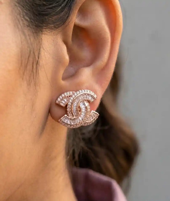 Rose Gold Plated Double C Baguette CZ Stud Earrings