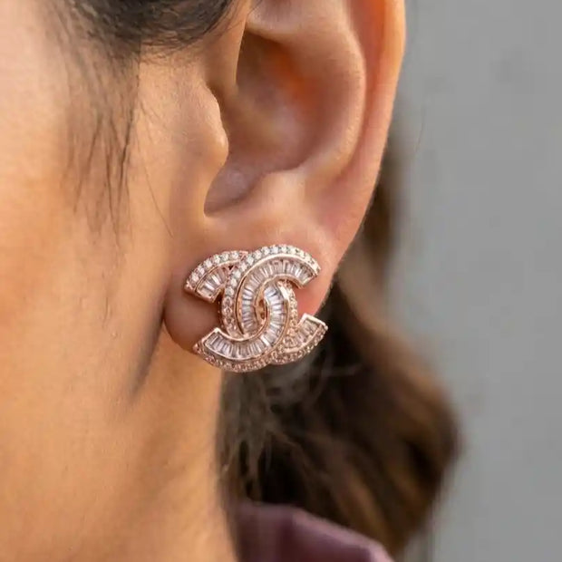 Rose Gold Plated Double C Baguette CZ Stud Earrings