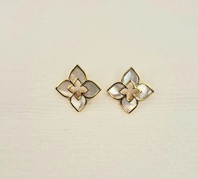 Alphabet RC Gold Plated White Clover Plain Stud Earring