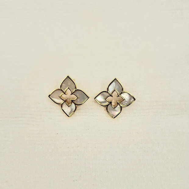 Alphabet RC Gold Plated White Clover Plain Stud Earring