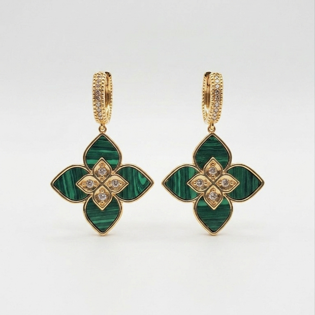 Alphabet RC Gold Plated White Green Drop Earrings with CZ Accents