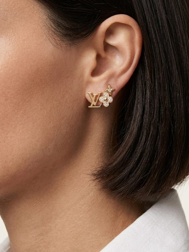 Gold Plated Alphabet LV & CZ Floral Cluster Stud Earrings