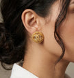 Gold Plated Textured Round Double C Stud Earrings with Pearl inset