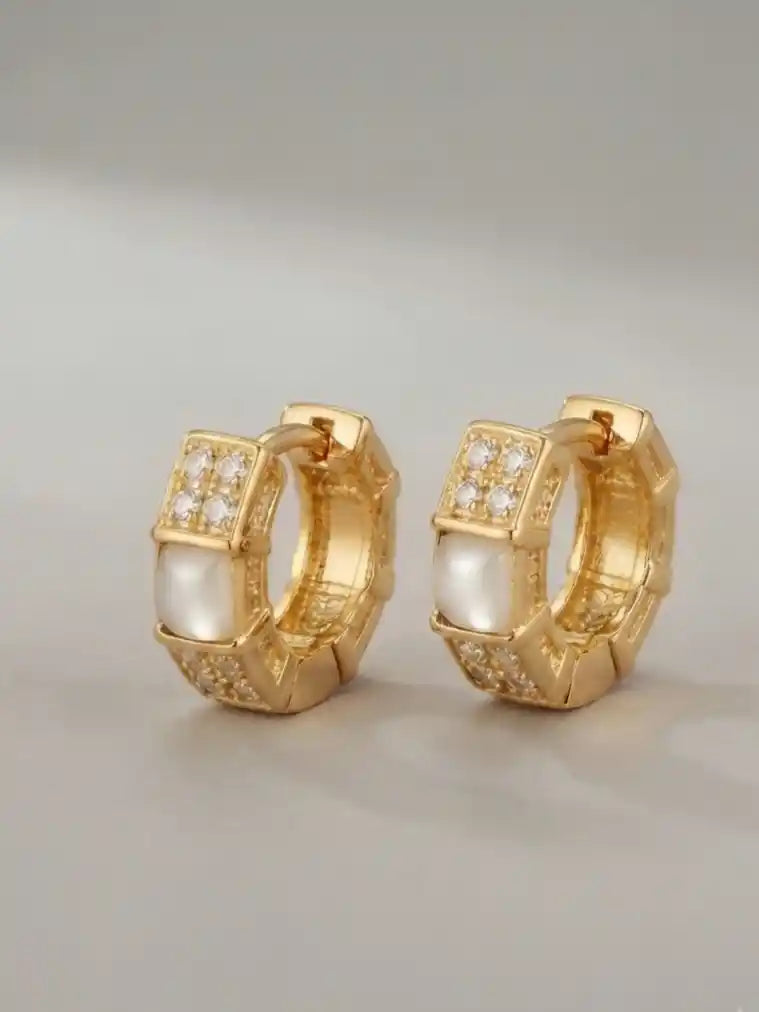 Alphabet BVL Gold Plated CZ and White MOP Huggie Hoop Earrings