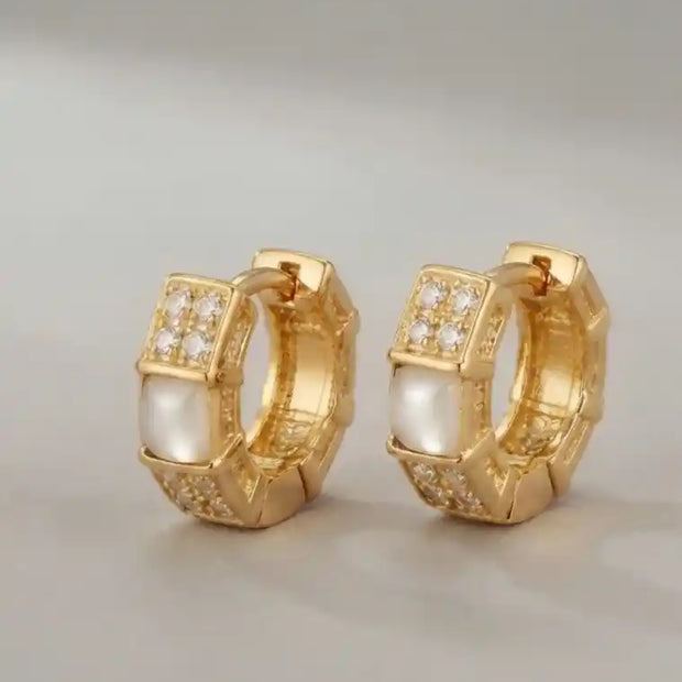 Alphabet BVL Gold Plated CZ and White MOP Huggie Hoop Earrings