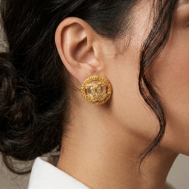 Gold Plated Textured Round Double C Stud Earrings with Pearl inset