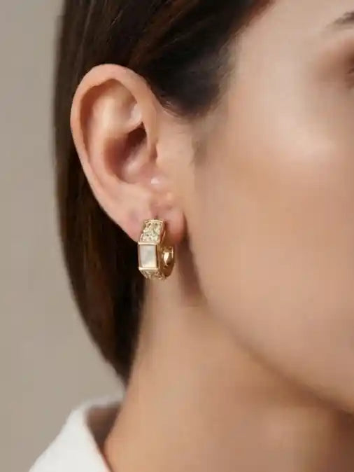 Alphabet BVL Gold Plated CZ and White MOP Huggie Hoop Earrings