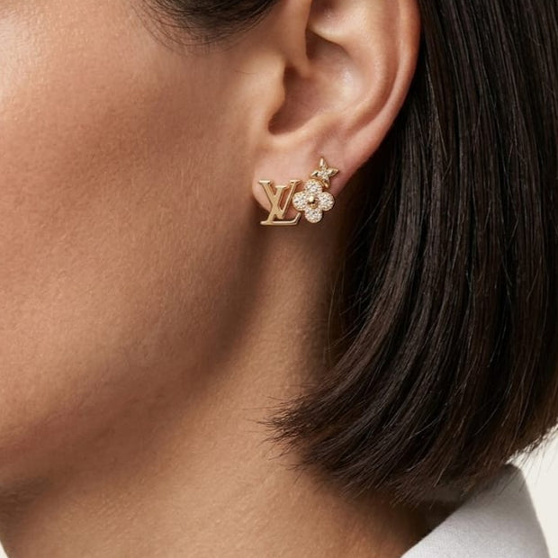 Gold Plated Alphabet LV & CZ Floral Cluster Stud Earrings