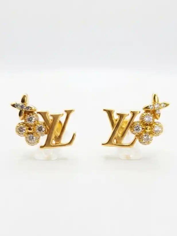 Gold Plated Alphabet LV & CZ Floral Cluster Stud Earrings