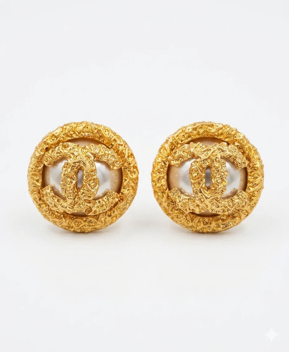 Gold Plated Textured Round Double C Stud Earrings with Pearl inset