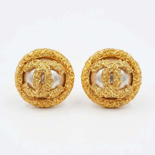 Gold Plated Textured Round Double C Stud Earrings with Pearl inset