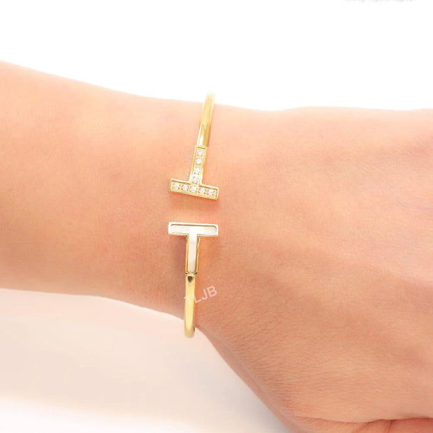 Alphabet T Half MOP and CZ gold sleek bracelet