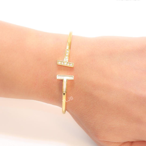 Alphabet T Half MOP and CZ gold sleek bracelet