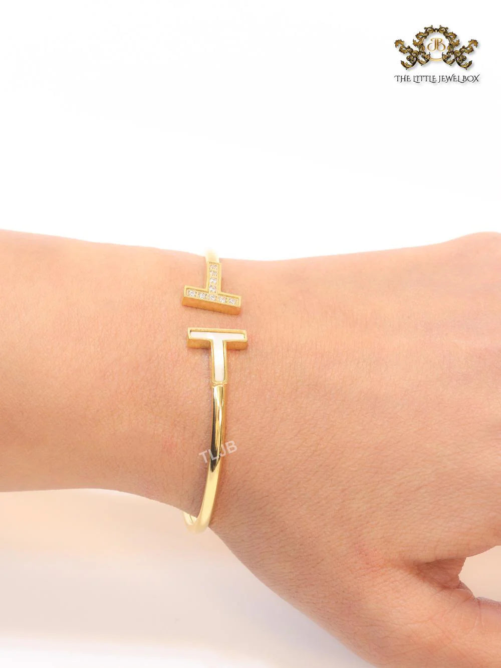 Alphabet T Half MOP and CZ gold sleek bracelet