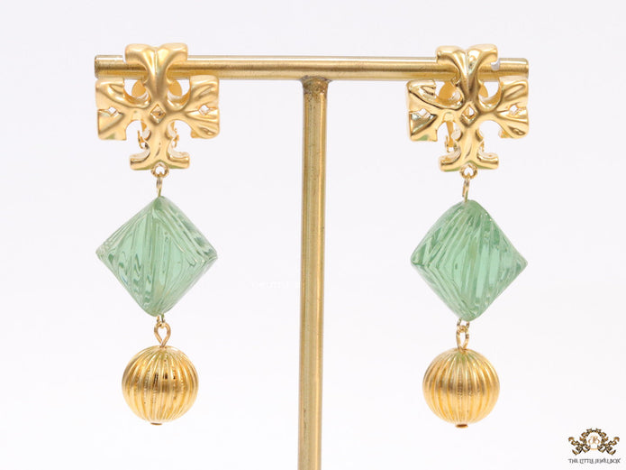 Alphabet T danglers with green carved stone