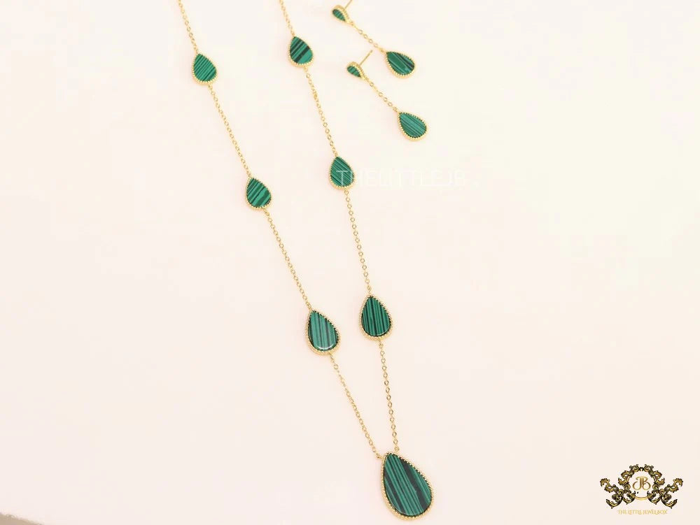 Gold plated long chain malachite stone necklace
