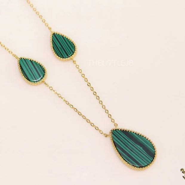 Gold plated long chain malachite stone necklace