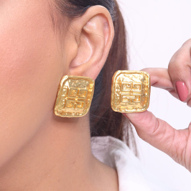 Alphabet G Embossed Statment Studs Gold Clip On