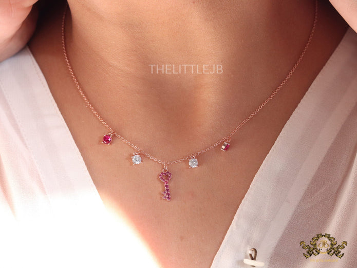 Cz key necklace in rose gold plating
