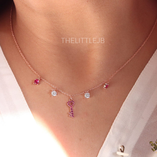 Cz key necklace in rose gold plating