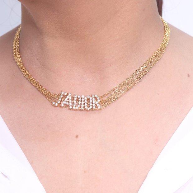 Alphabet D multi chain choker in bright Gold