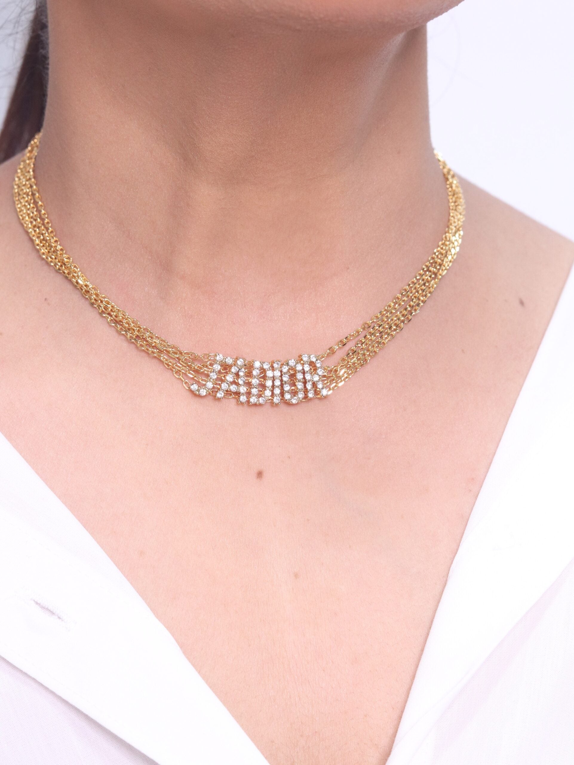Alphabet D multi chain choker in bright Gold