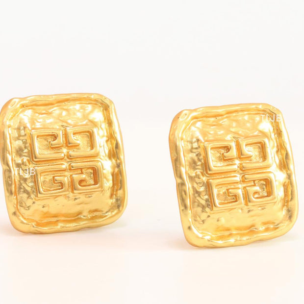 Alphabet G Embossed Statment Studs Gold Clip On