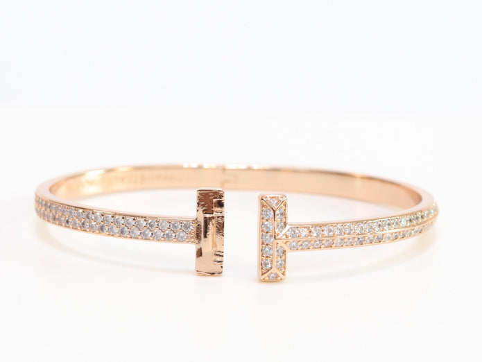 Alphabet T bracelet with full CZ in rose gold finish