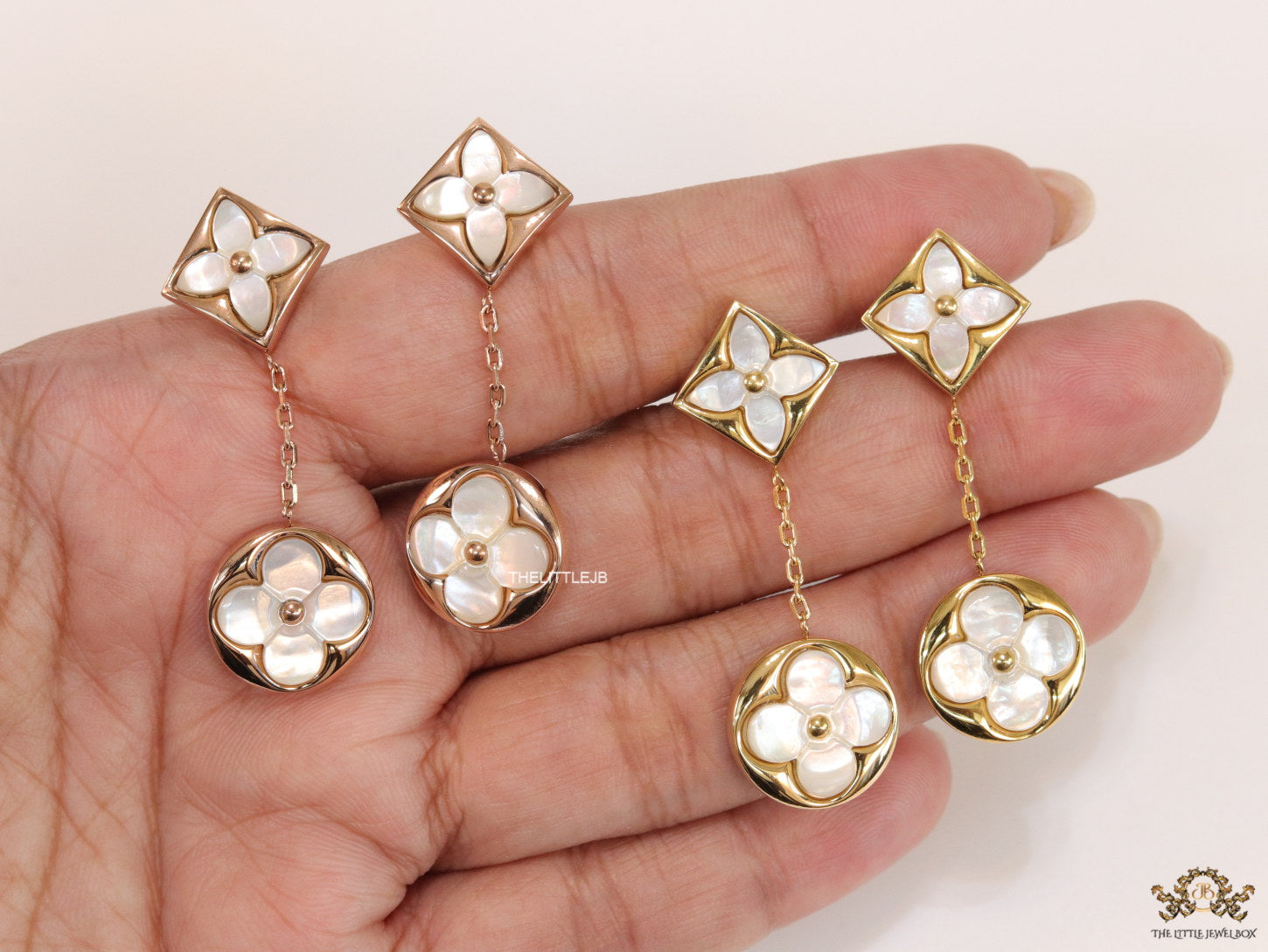 Gold plated dangle earrings with MOP clover flower motifs