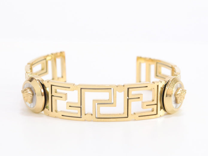 Alphabet V and Medusa Open Bracelet with gold finish