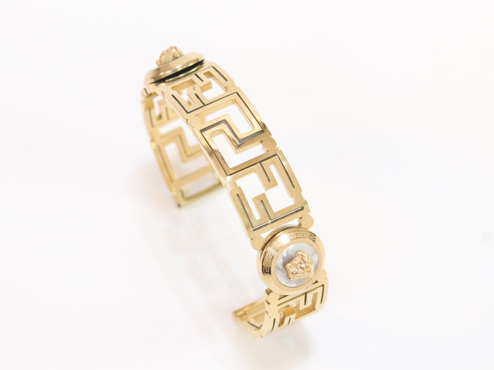 Alphabet V and Medusa Open Bracelet with gold finish