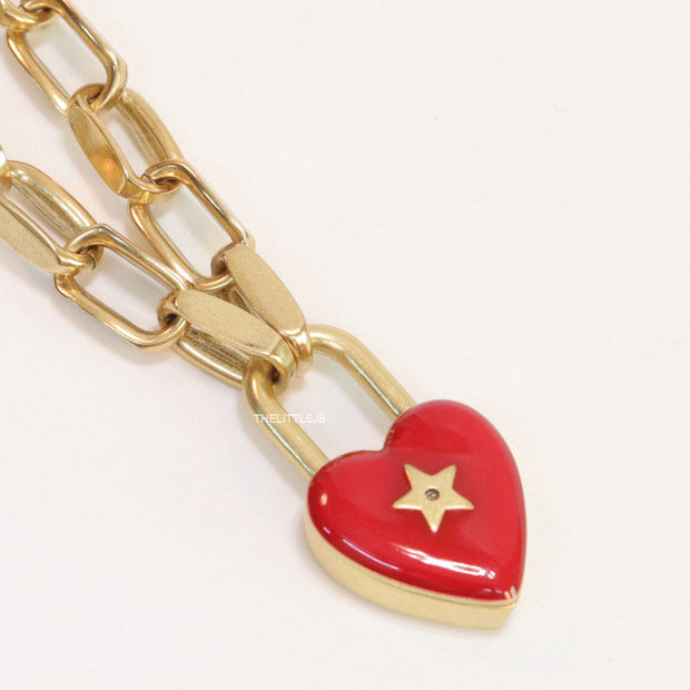 Gold plated link chain bracelet with heart shape lock