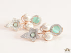 Cz flower earrings with shell pearls and light green stones