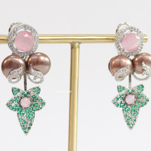 Cz flower earrings with bronze pearls and baby pink stones