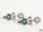 Cz flower earrings with shell pearls and baby pink stones