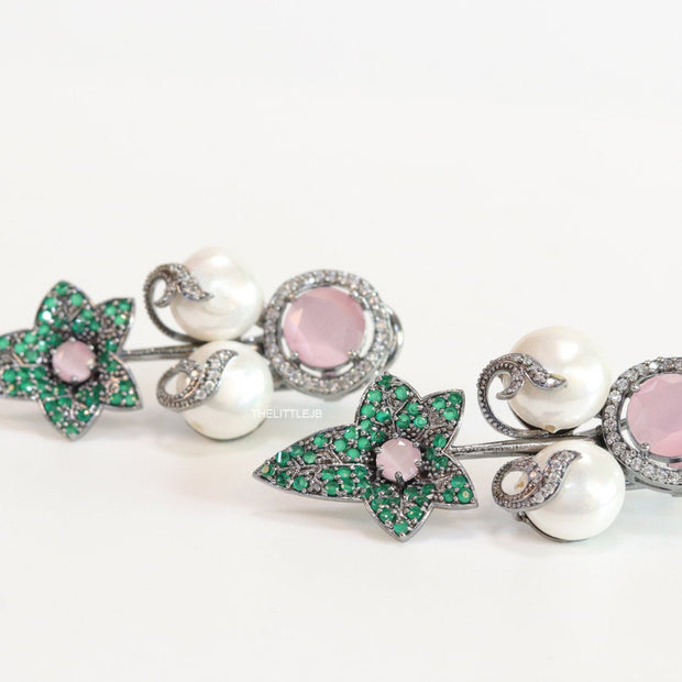 Cz flower earrings with shell pearls and baby pink stones