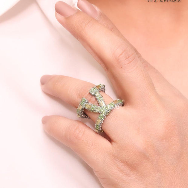 Open V crystal stone ring