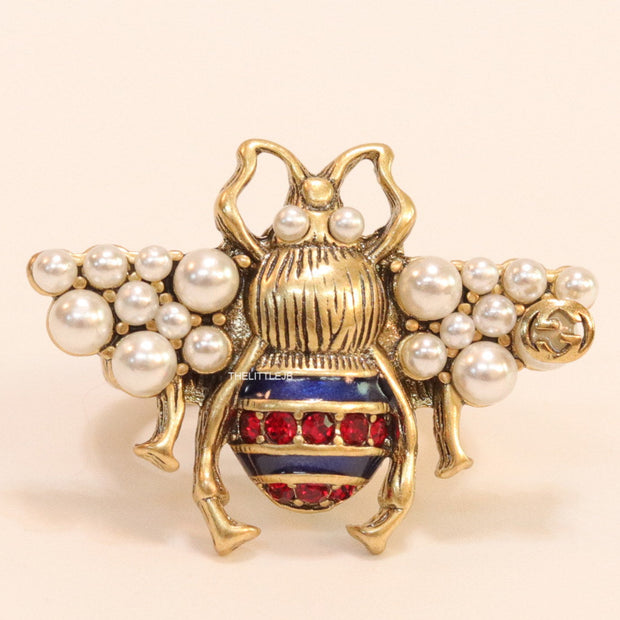Double G open bee ring with coloured cz and pearls