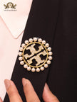 Alphabet T gold, cz and pearl brooch