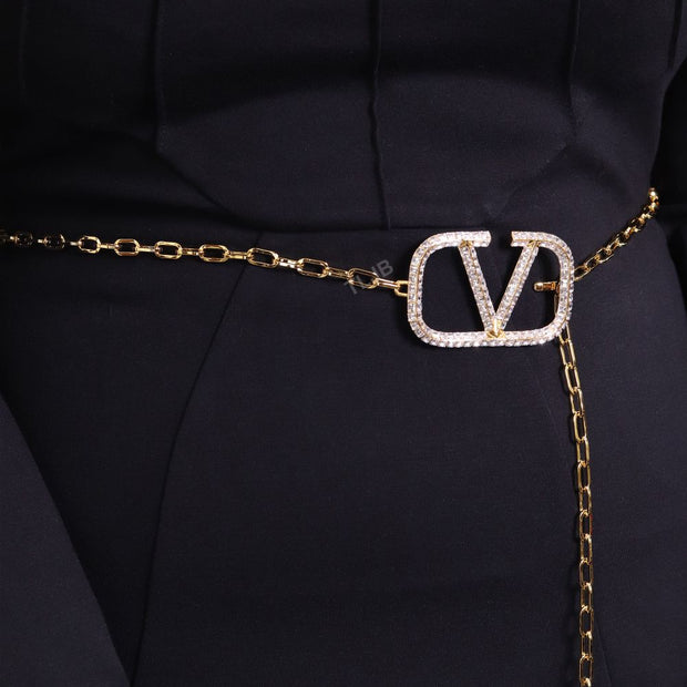 Open V and gold chain waist belt