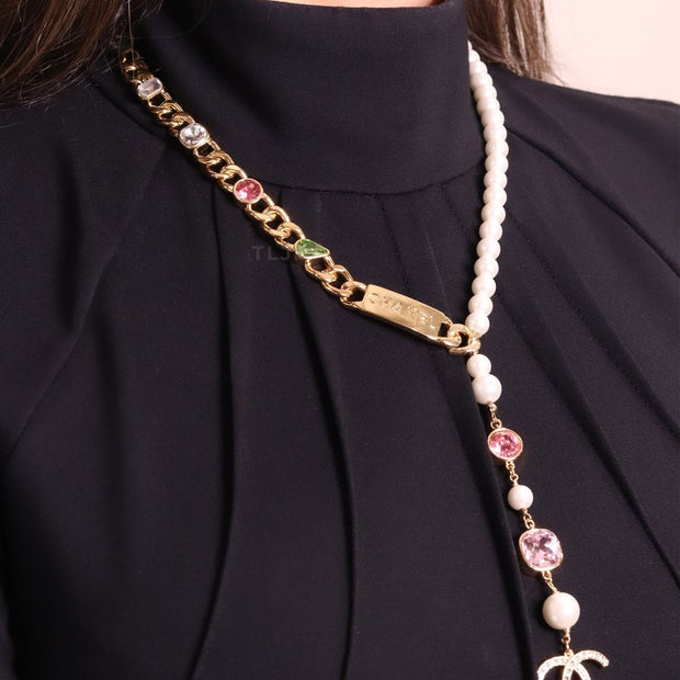 Half Gold and half Pearl Double C chain with mutlicolores stones and CZ