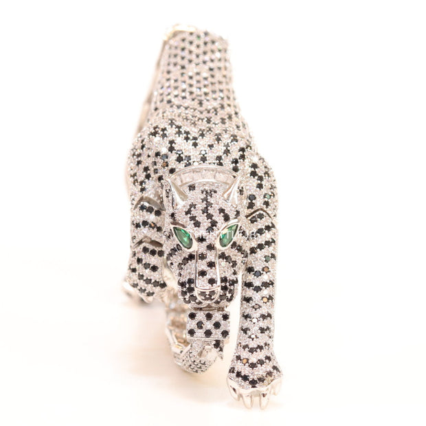 Cubic zirconia stone studded panther motif with emerald green colour stone details platinum plated bracelet