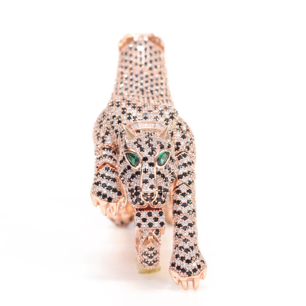 Cubic zirconia stone studded panther motif with emerald green colour stone details rose gold plated bracelet