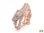 Cubic zirconia stone studded panther motif with emerald green colour stone details rose gold plated bracelet