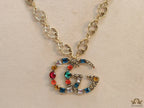 Golden fancy link chain necklace with multi cz twin G pendant